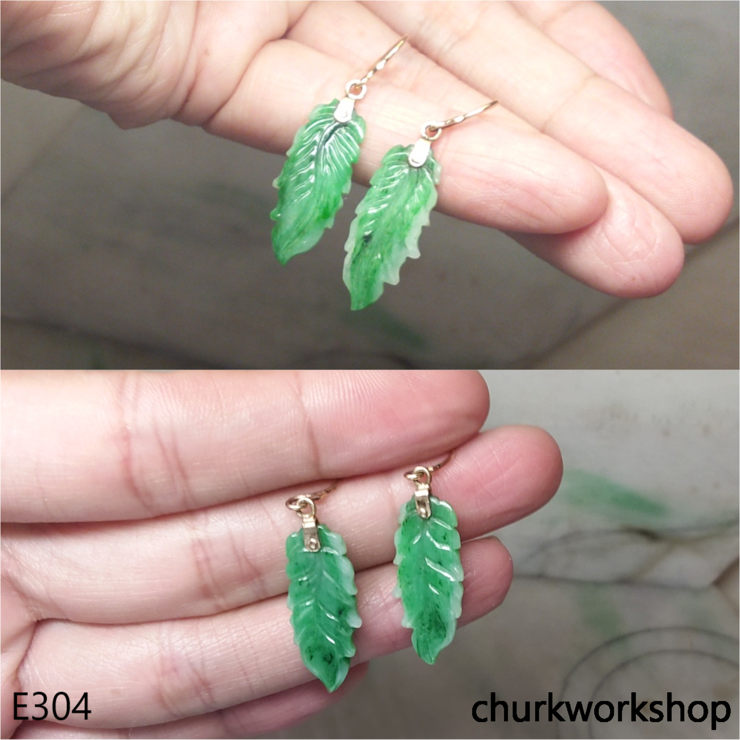 14K green jade leaf earrings