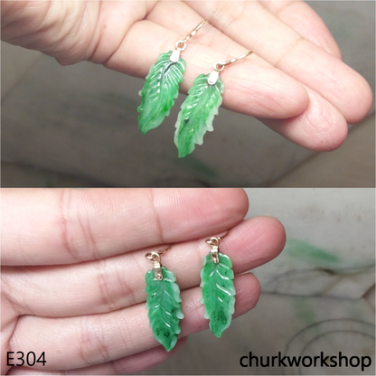 14K green jade leaf earrings
