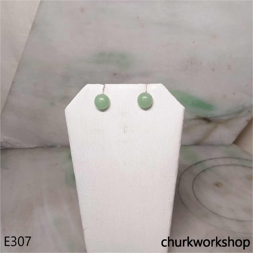 Green jade half bead silver ear studs