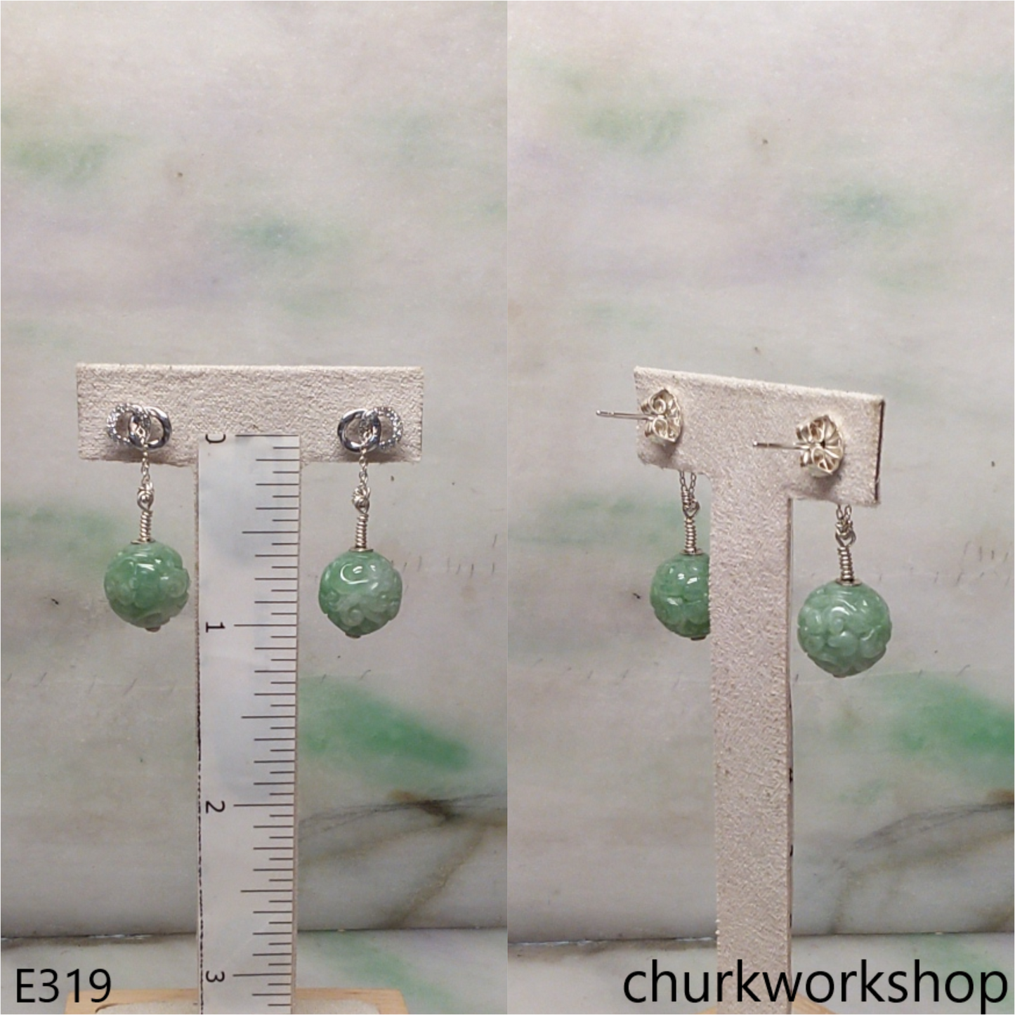 Green carved beads beads earrings