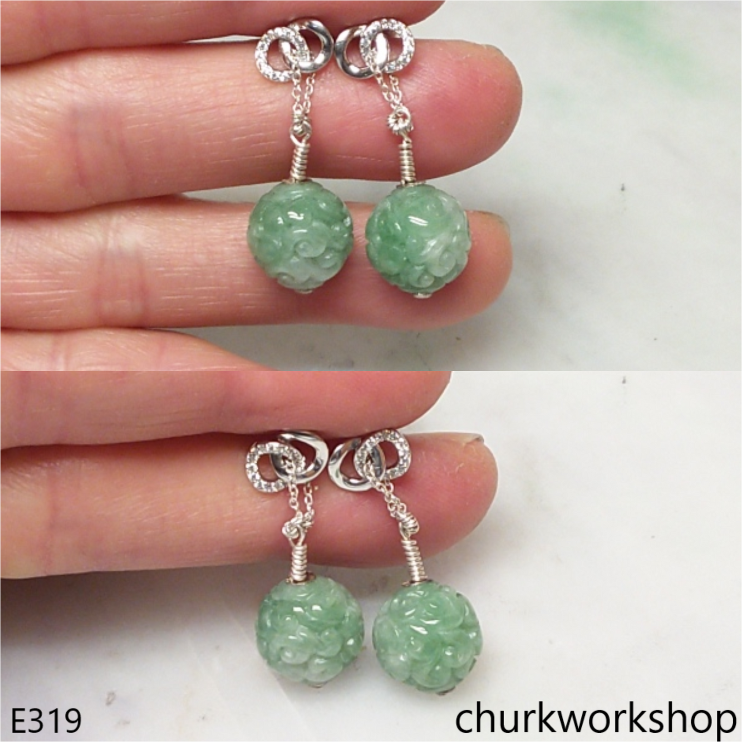 Green carved beads beads earrings