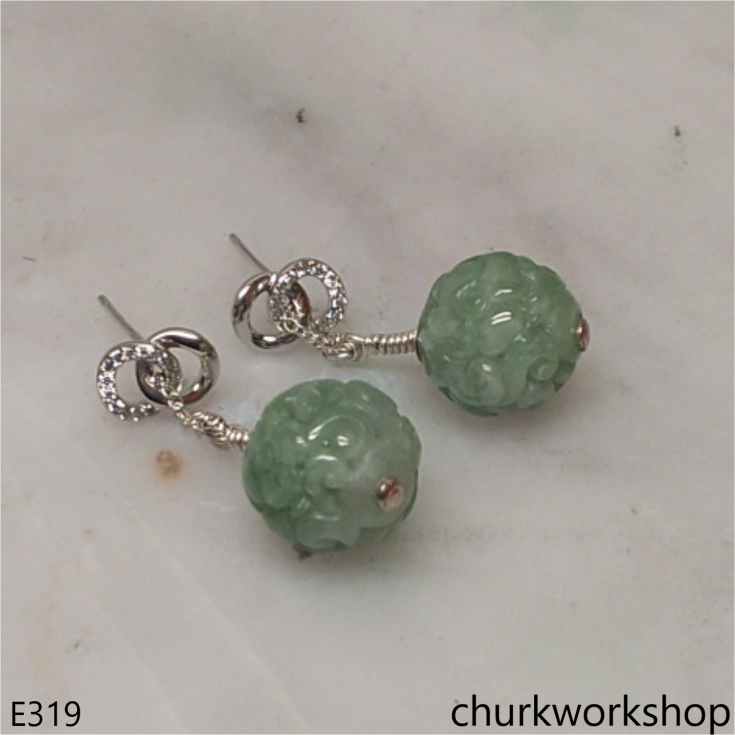 Green carved beads beads earrings