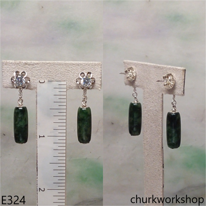 Green jade long beads silver earrings