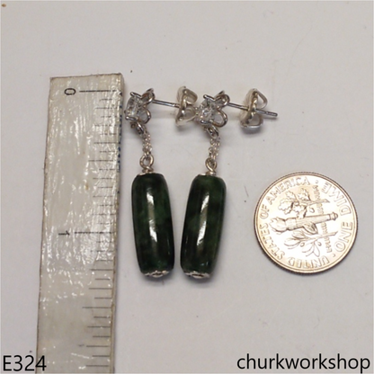 Green jade long beads silver earrings