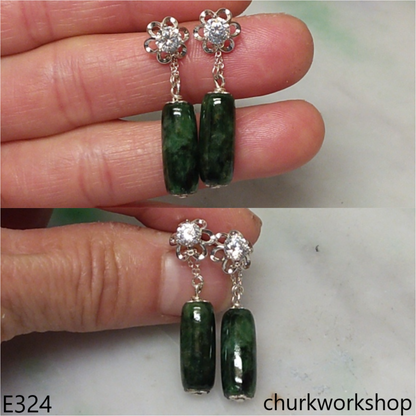 Green jade long beads silver earrings