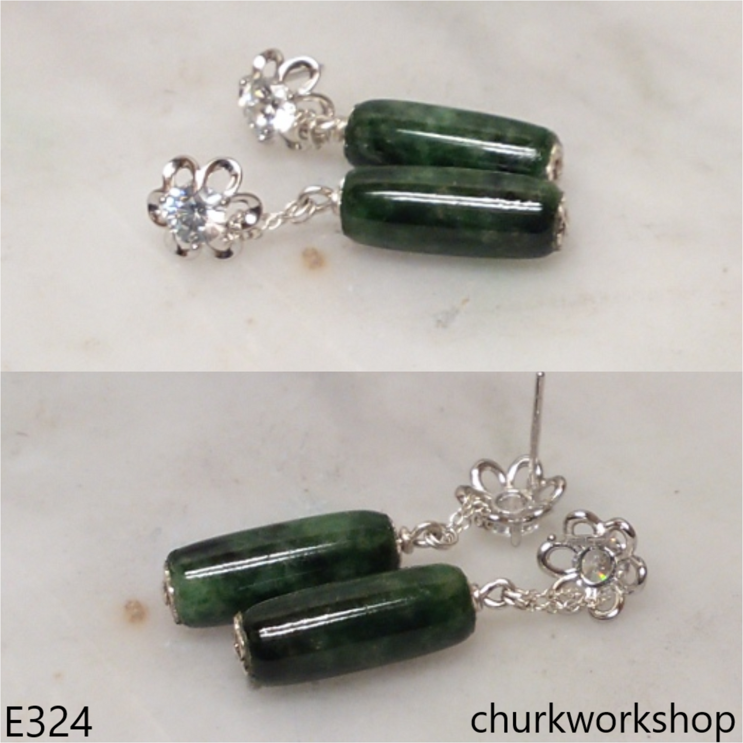 Green jade long beads silver earrings