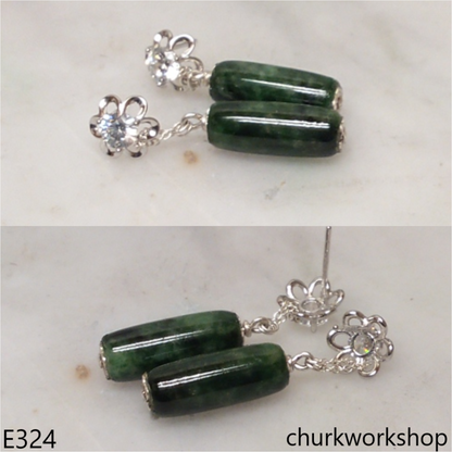 Green jade long beads silver earrings