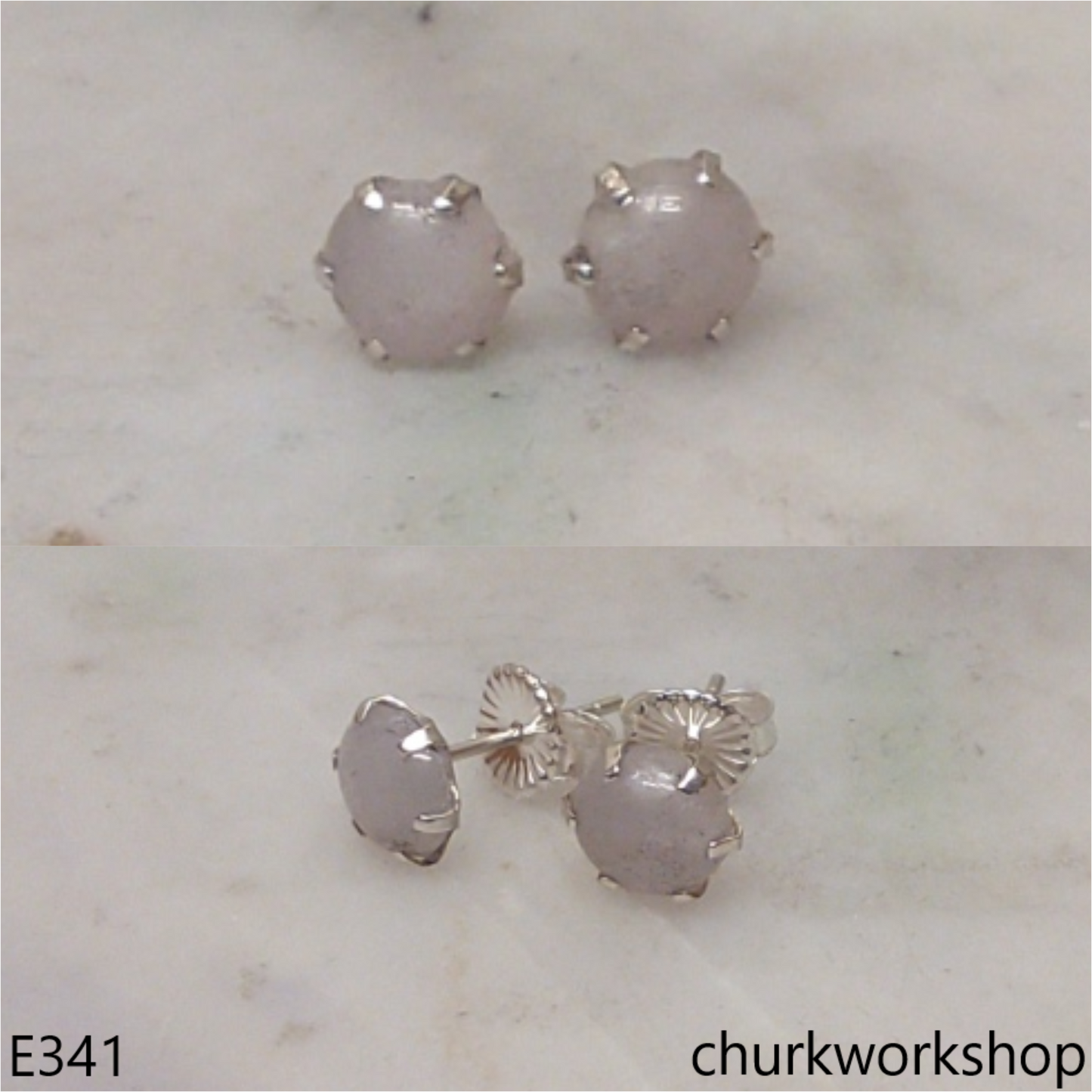 Lavender jade half bead silver ear studs