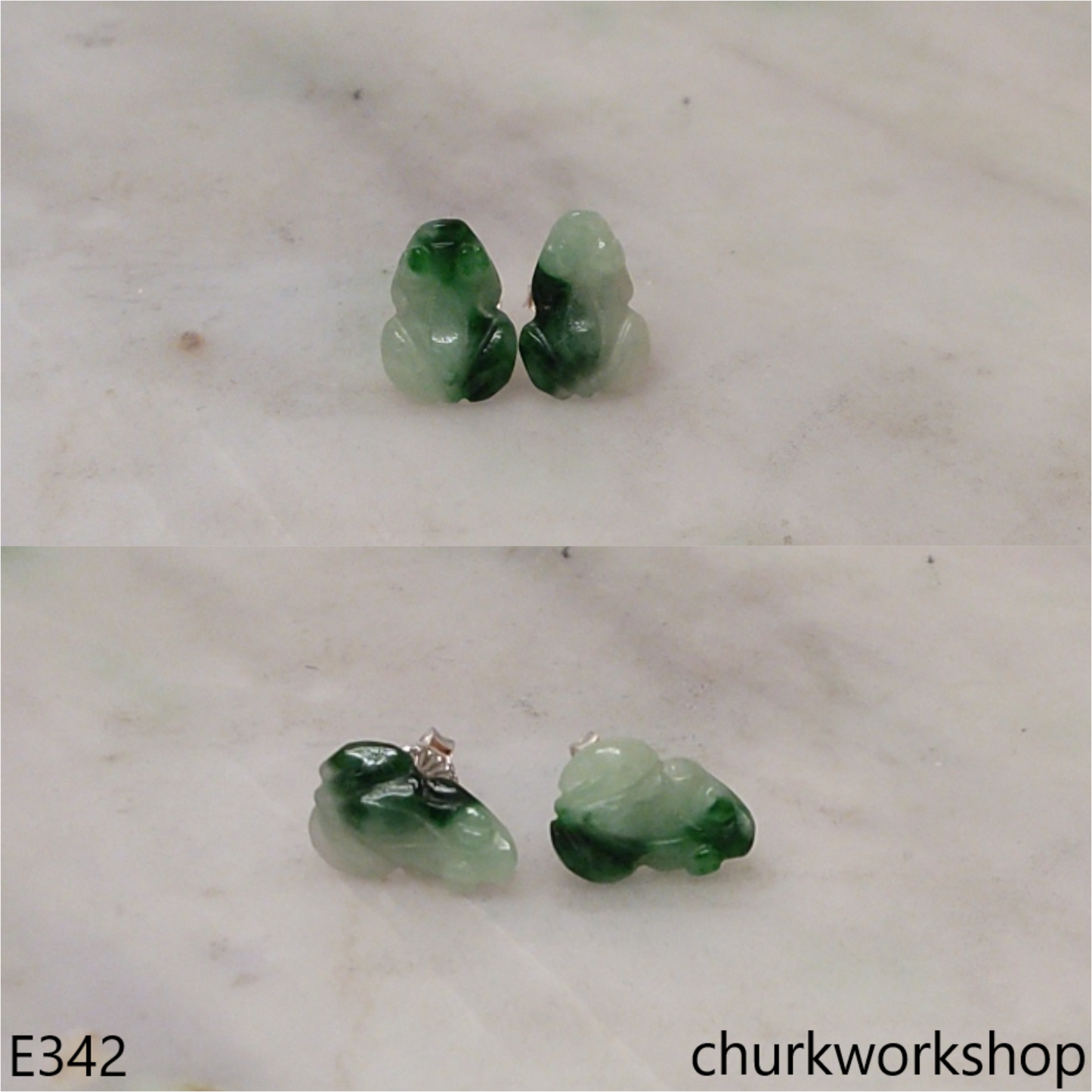 Green jade frog silver ear stud