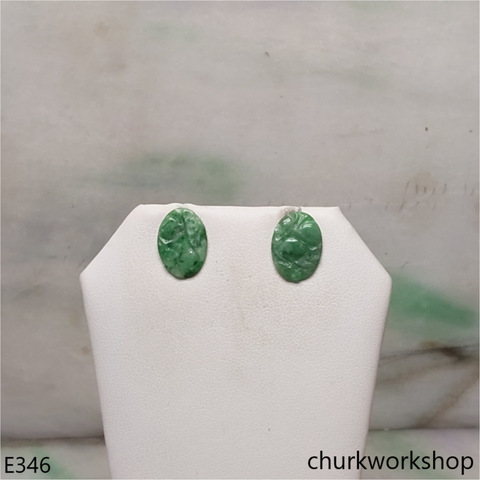 Carved green jade ear studs