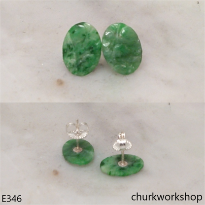 Carved green jade ear studs