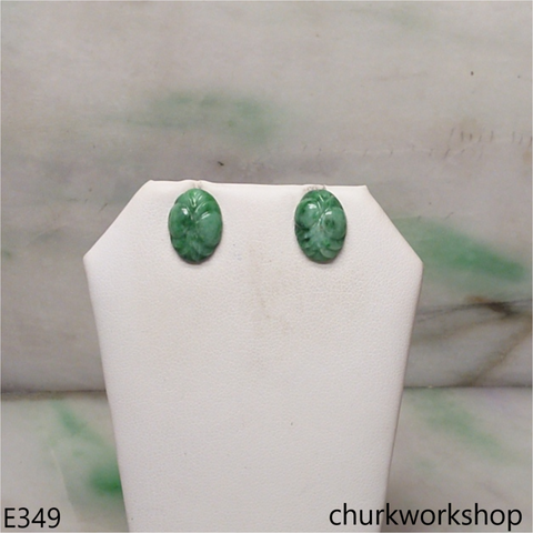 Carved green jade ear studs