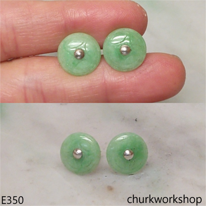 Chinese old coin shape jade silver ear studs