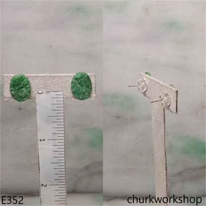 Carved green jade ear studs