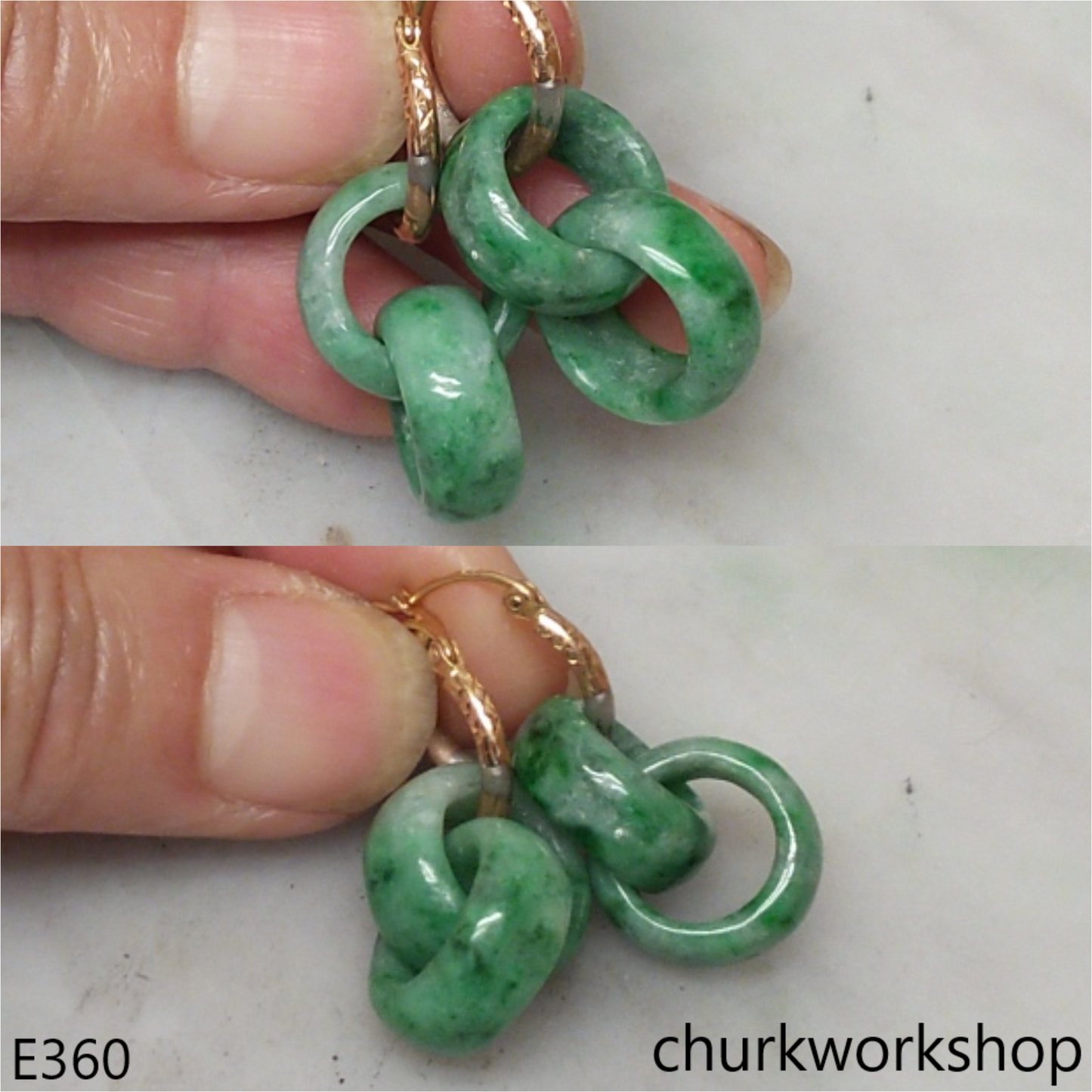 Green double jade ring dangling earrings