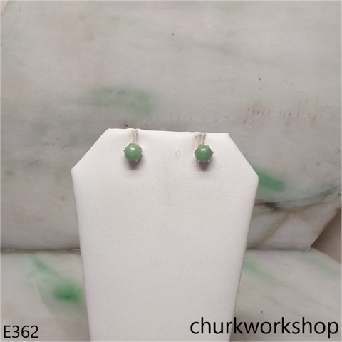 Green jade bead silver ear studs