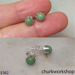 Green jade bead silver ear studs
