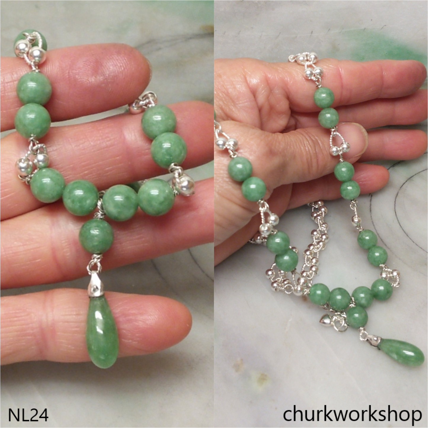 Jade beads sterling silver necklace
