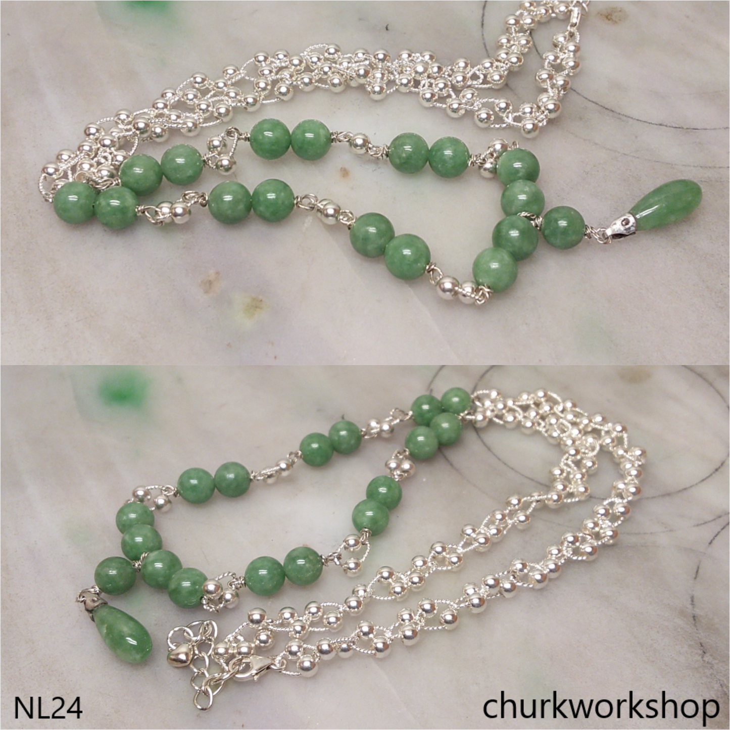 Jade beads sterling silver necklace