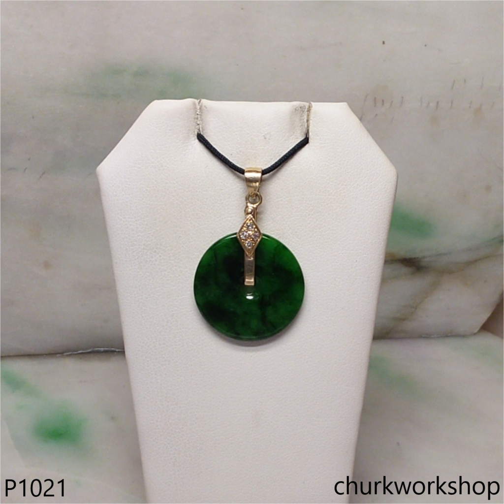 14K gold deep green flat disc pendant