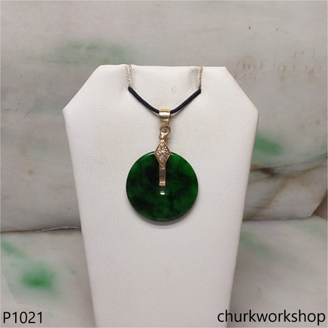 14K gold deep green flat disc pendant
