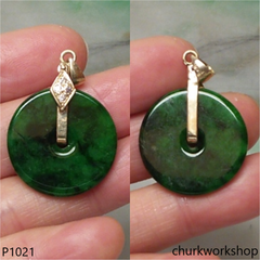 14K gold deep green flat disc pendant