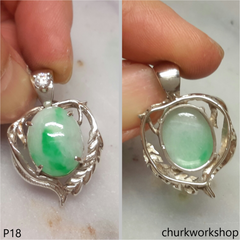 Green jade cabochon silver pendant