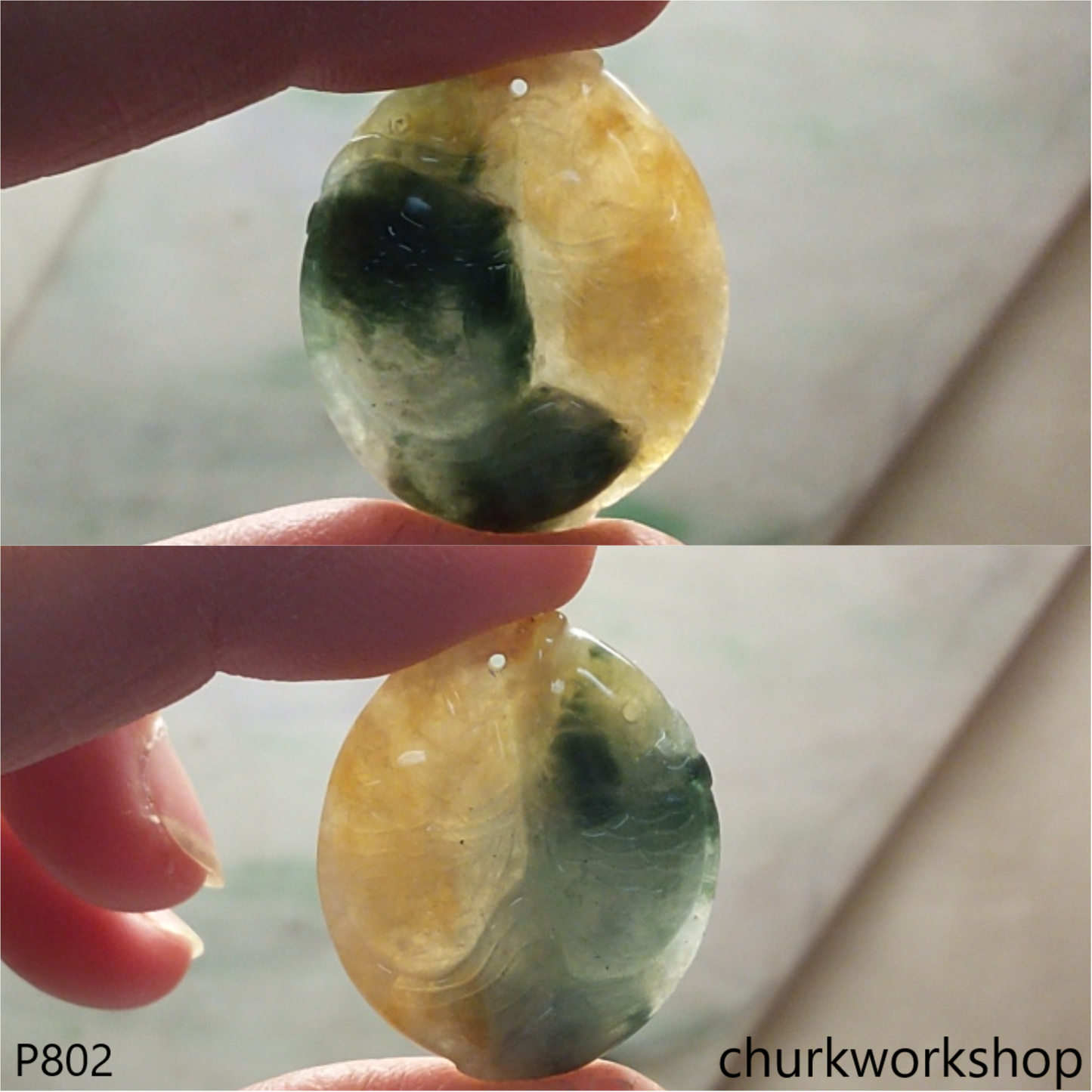 Multi-color double fishes jade pendant