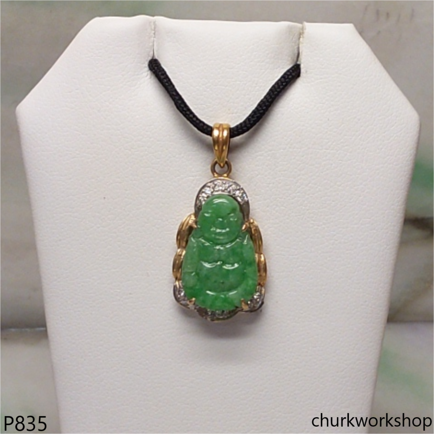 18K yellow gold jade happy Buddha pendant