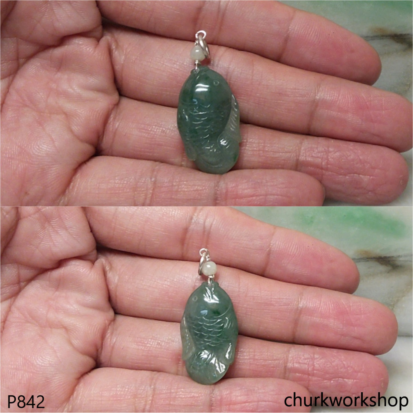 Bluish green jade fish pendant