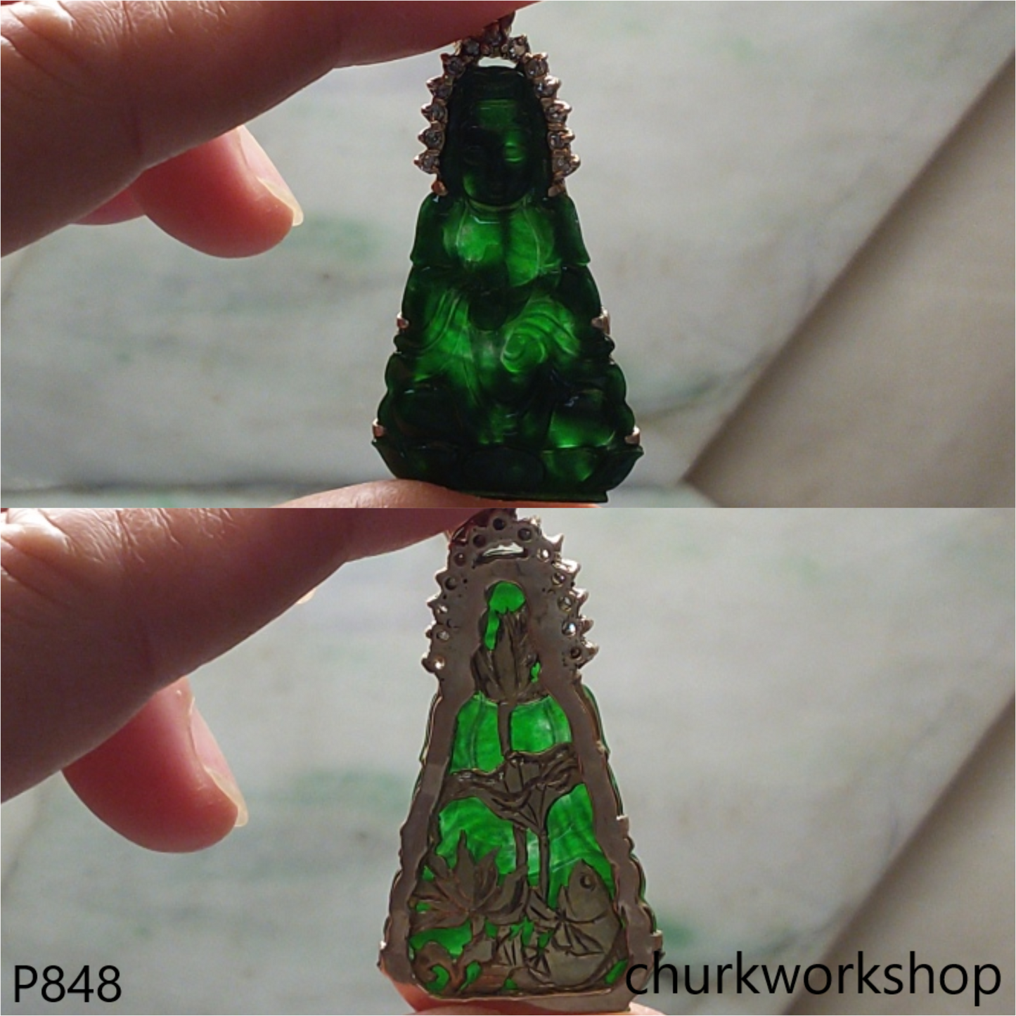 14K gold green jade lady Buddha