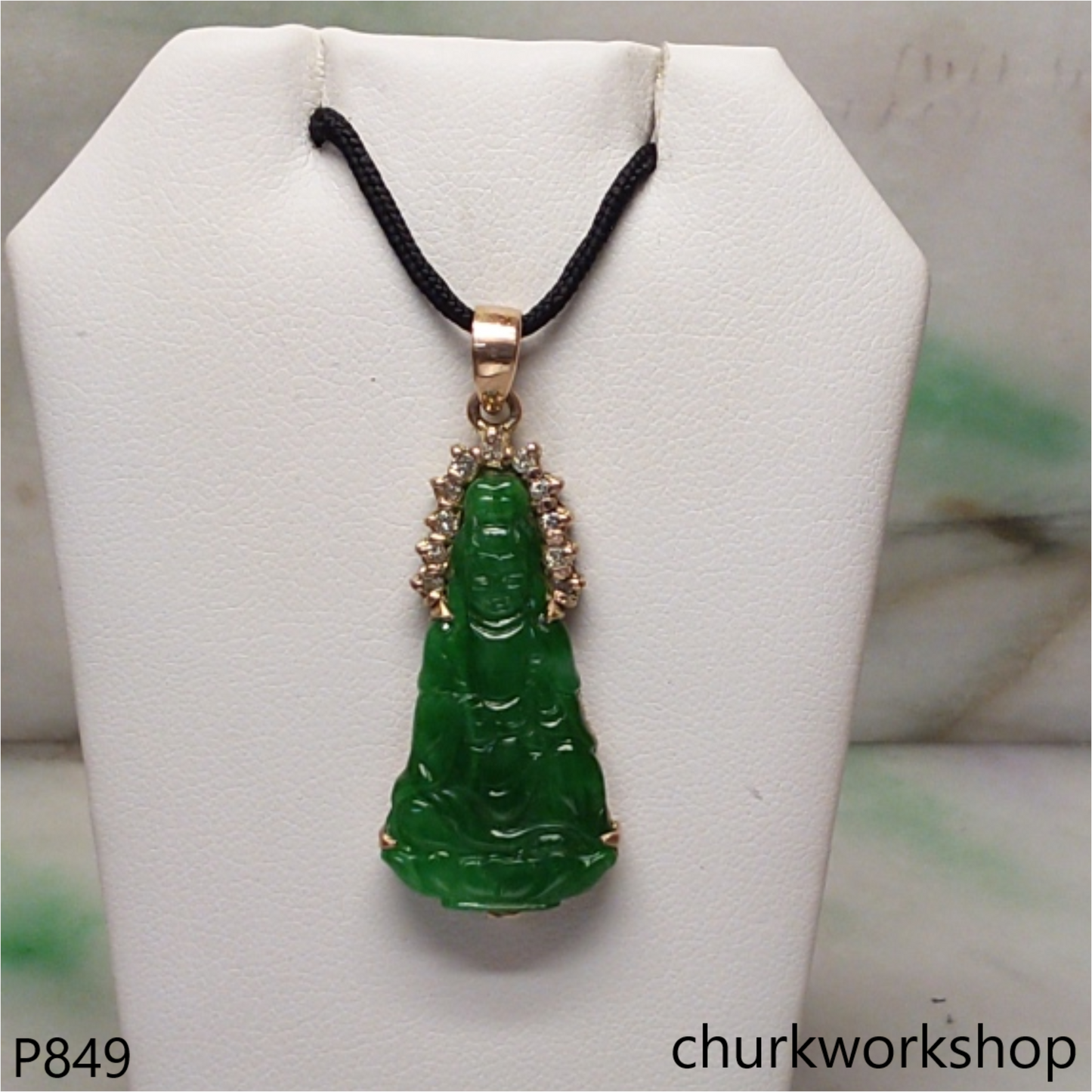 14K yellow gold jade lady Buddha pendant