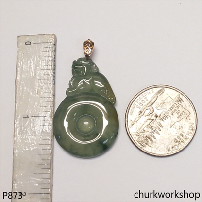 Bluish green jade pendant in 14k gold