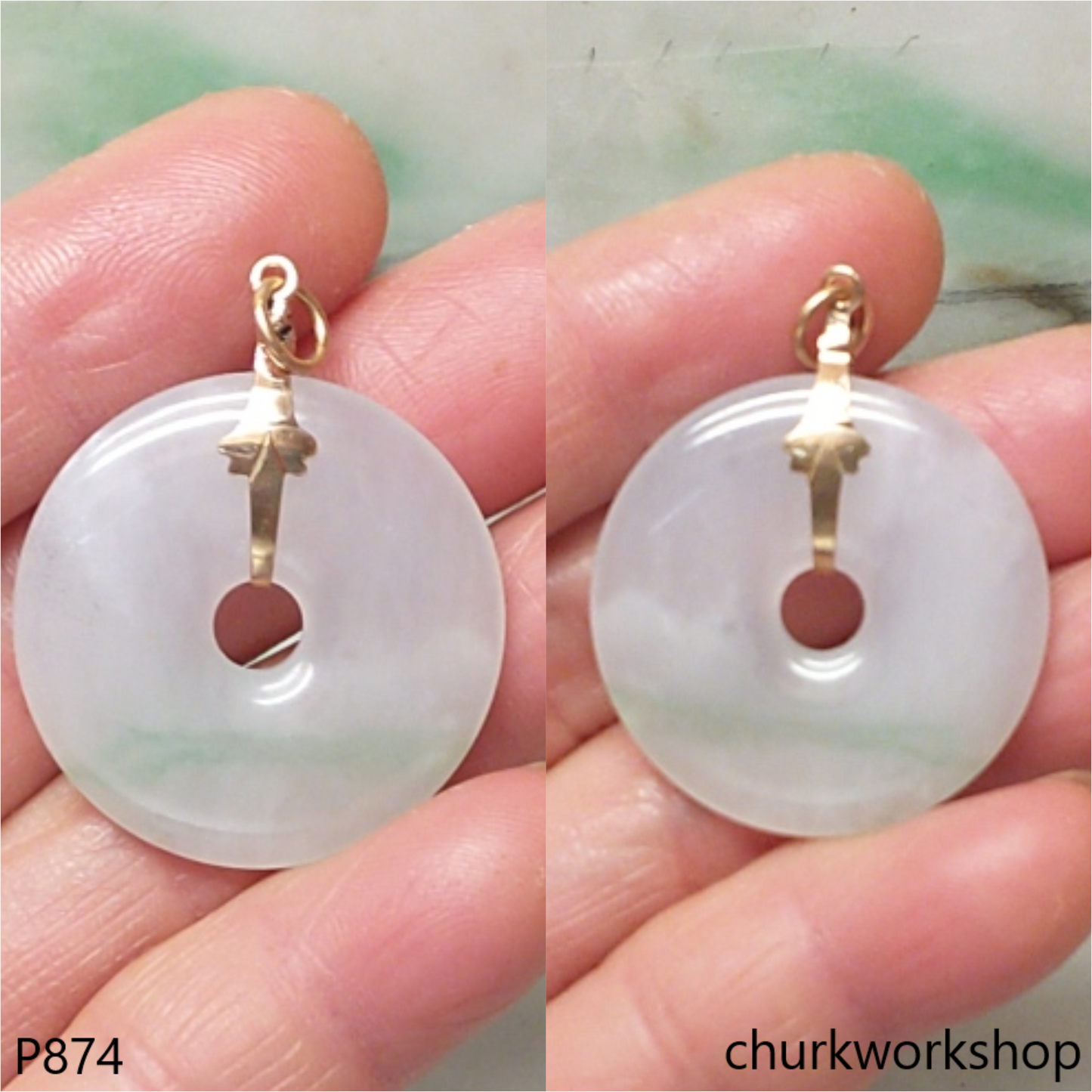 Pale lavender with green jade Donut pendant