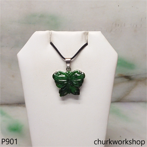 Deep green jade butterfly pendant in 14k white gold