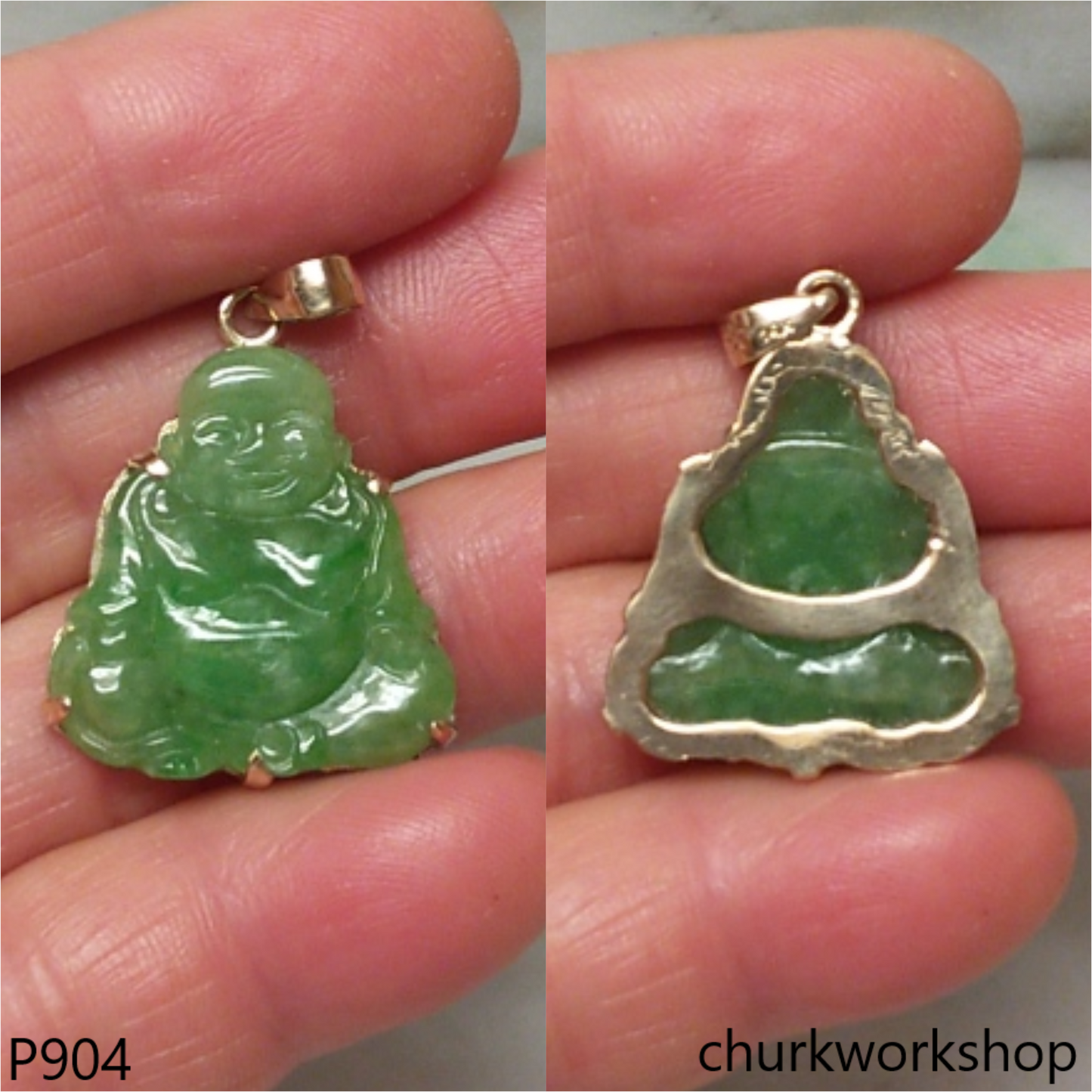 14K green jade happy Buddha pendant