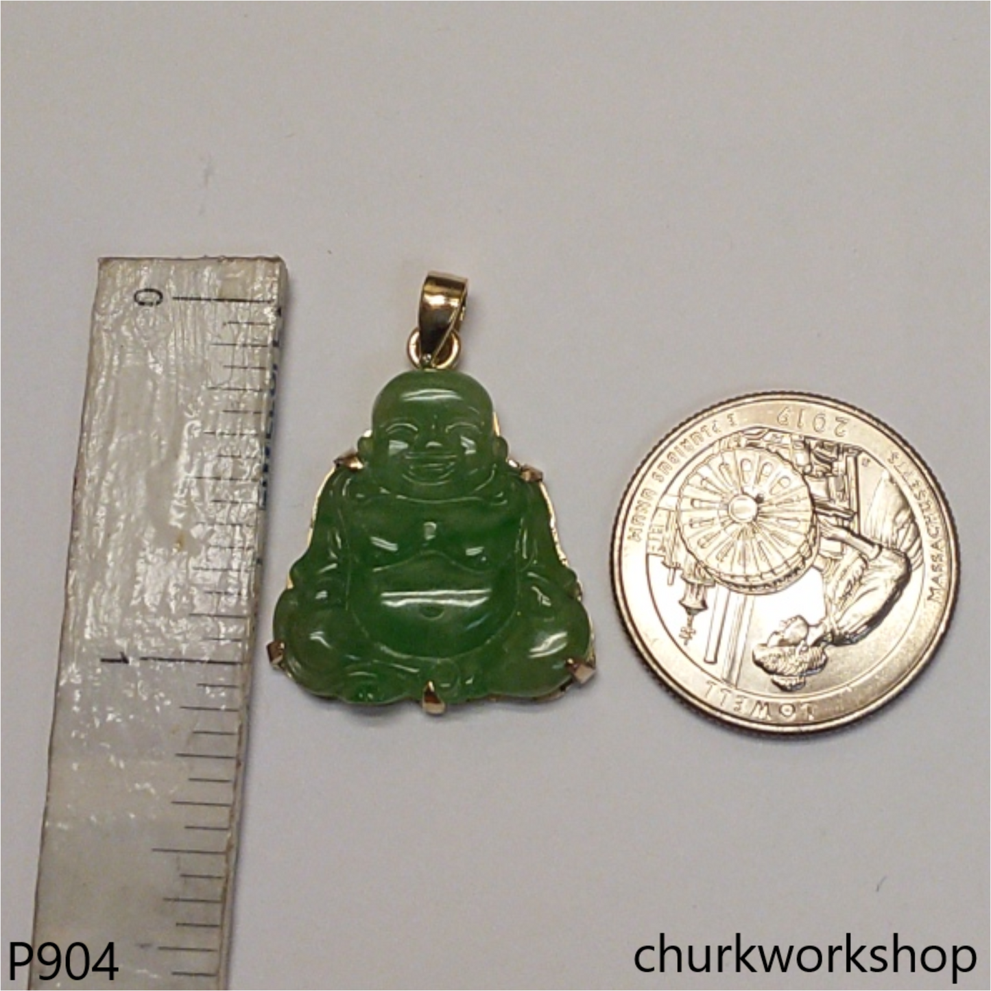 14K green jade happy Buddha pendant