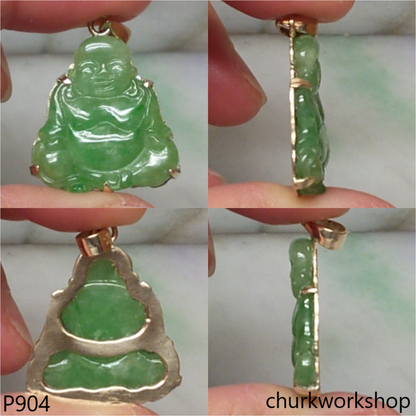 14K green jade happy Buddha pendant