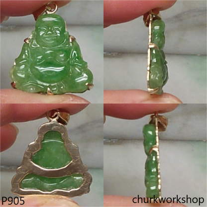 14K green jade happy Buddha pendant