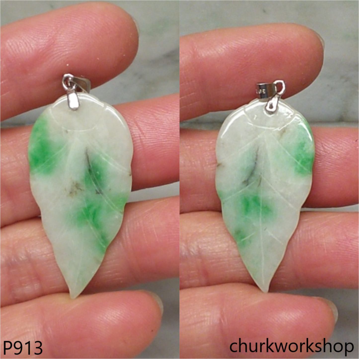 White base with green jade leaf pendant