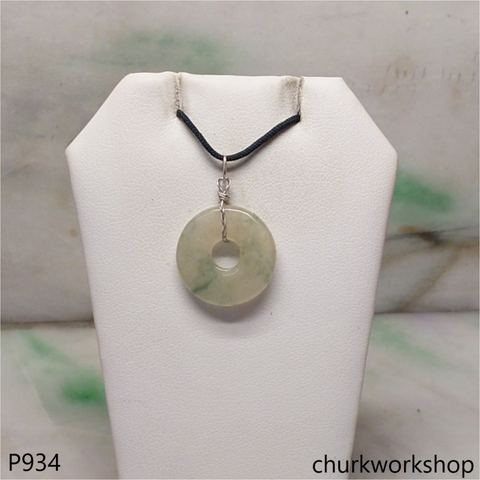 Clear with splotches bluish green jade Donut pendant