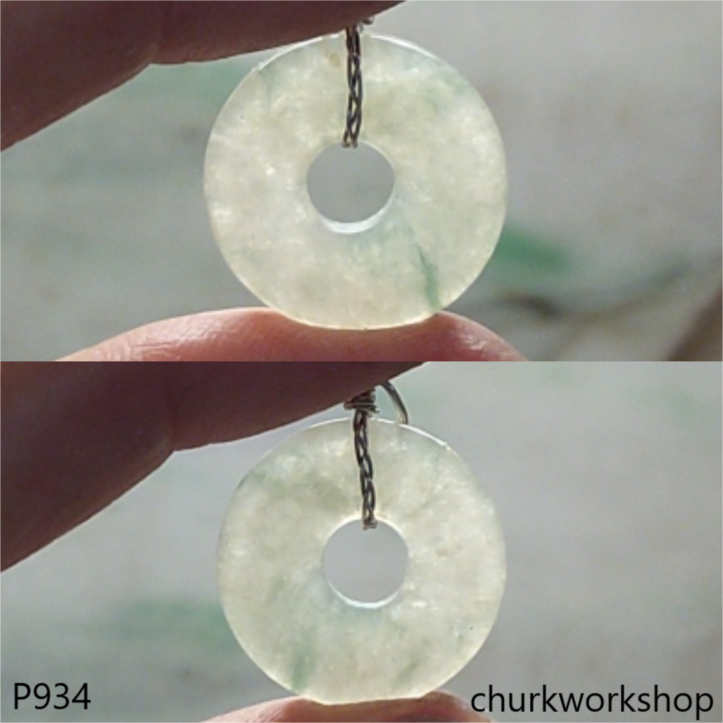 Clear with splotches bluish green jade Donut pendant