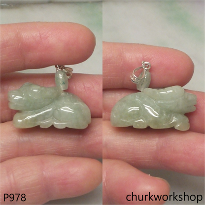 Green jade Ox pendant with silver bail