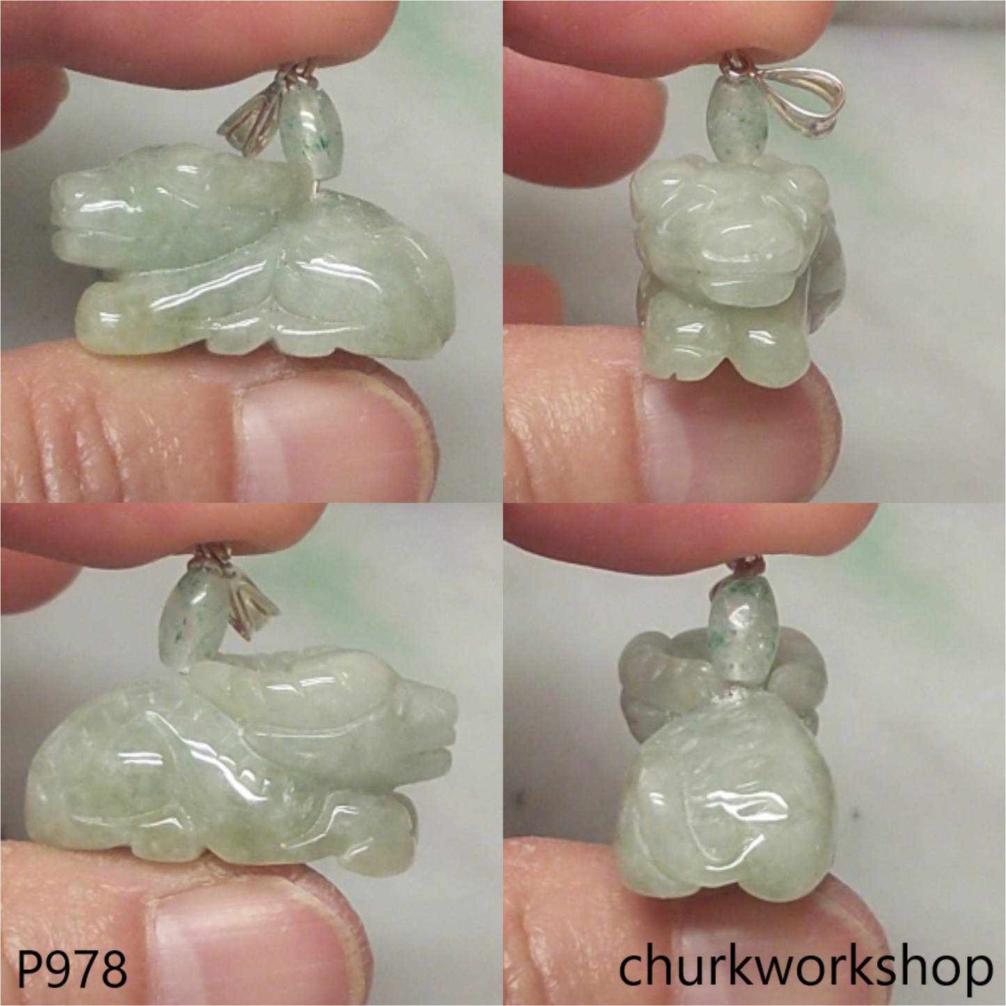 Green jade Ox pendant with silver bail