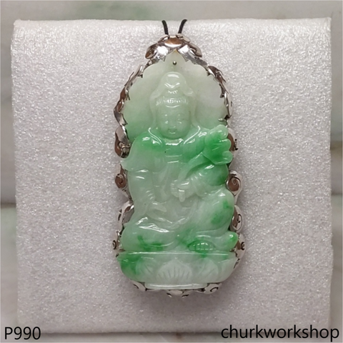 14K white gold jade lady Buddha pendant