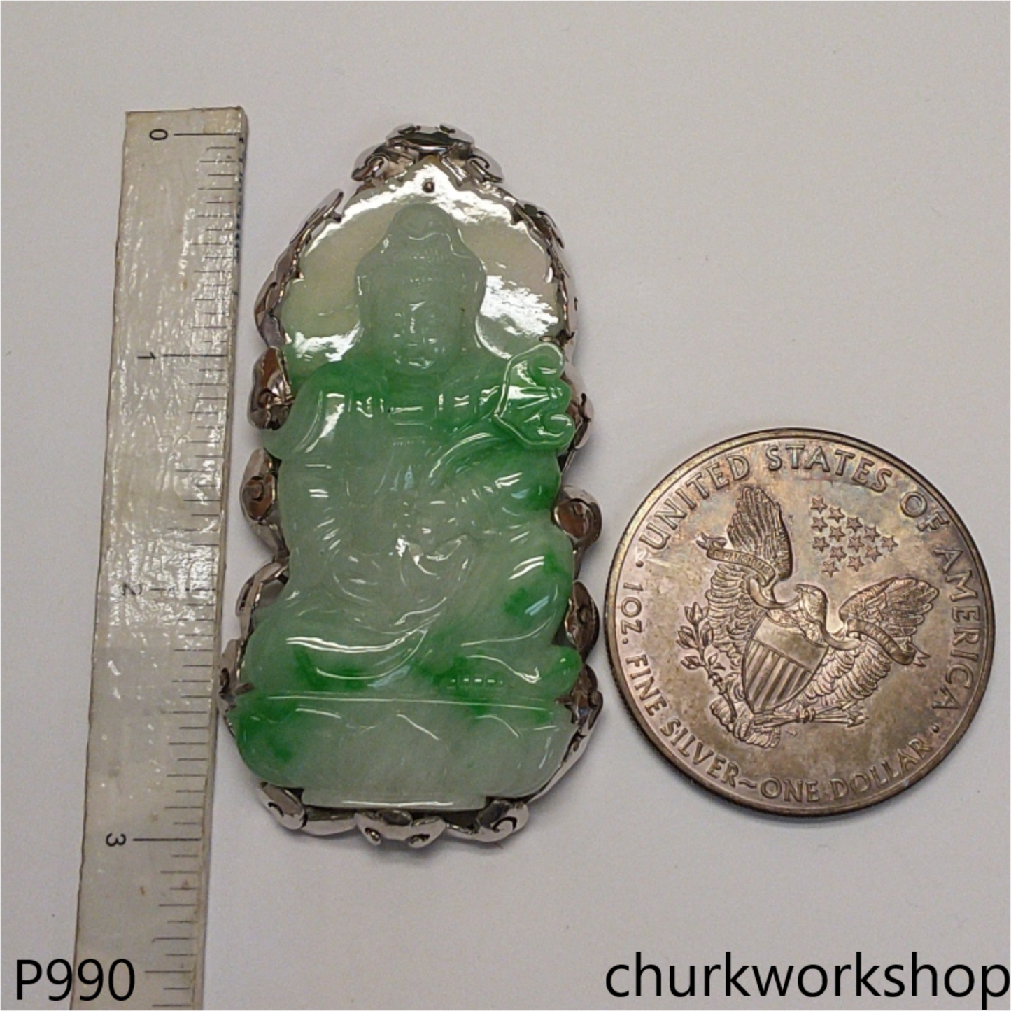 14K white gold jade lady Buddha pendant