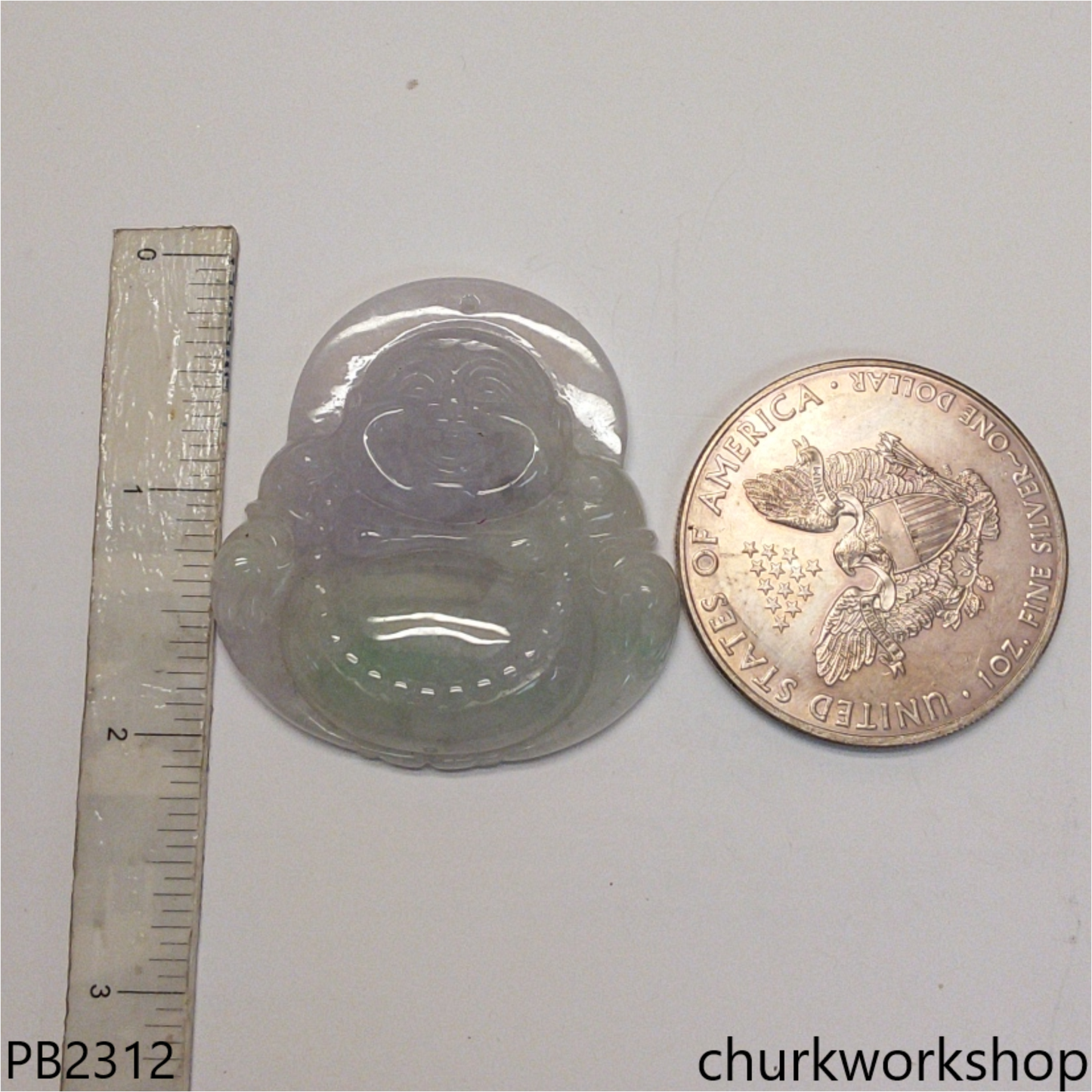 Large light lavender with splotches green jade happy Buddha
