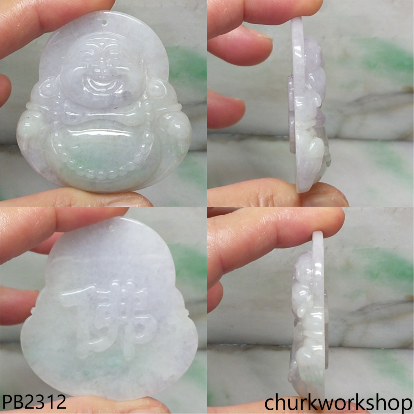 Large light lavender with splotches green jade happy Buddha