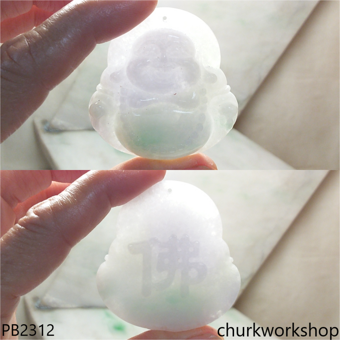Large light lavender with splotches green jade happy Buddha