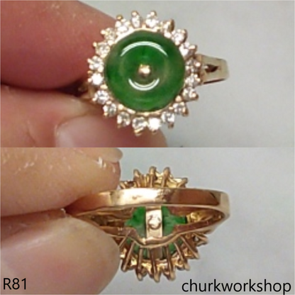 18K yellow gold diamond green jade ring